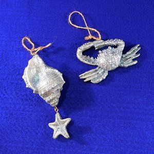 Blue Glitter Conch Seashell and Crab Christmas Ornaments Beach Decor Shell